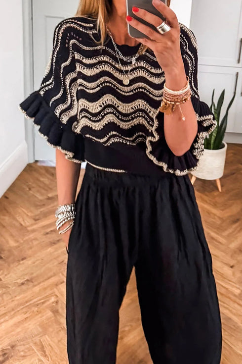Black Stripe Wavy Crochet Eyelet Detail Ruffle Half Sleeve Sweater