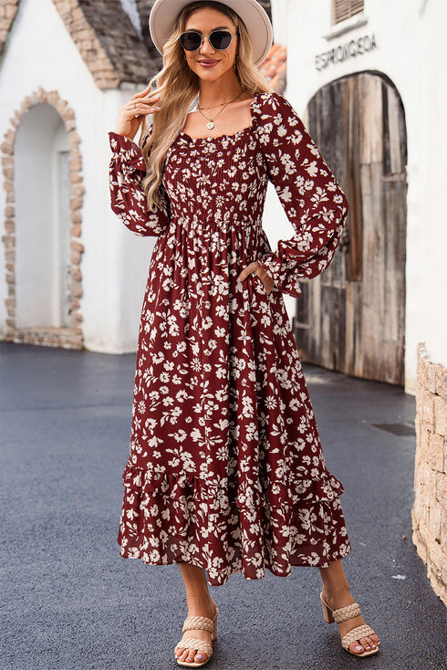 Red Floral Print Long Sleeve Square Neck Smocked Maxi Dress