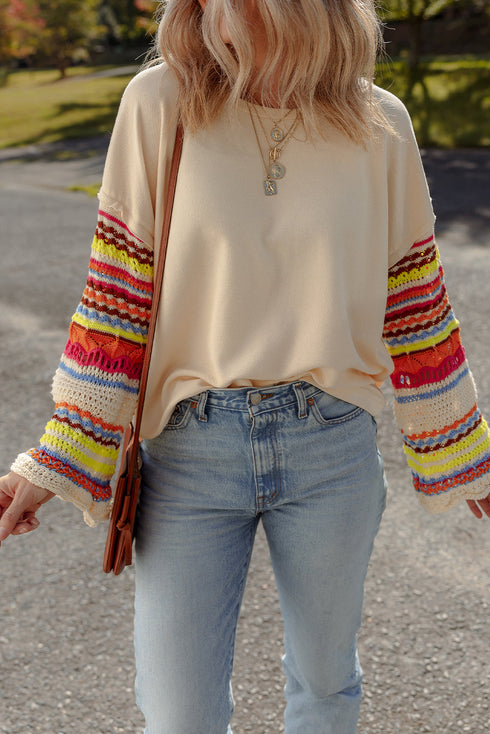 Beige Round Neck Colorful Knit Sleeve Patchwork Top