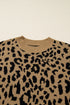 Light French Beige Ribbed Trim Round Neck Leopard Drop Shoulder Sweater