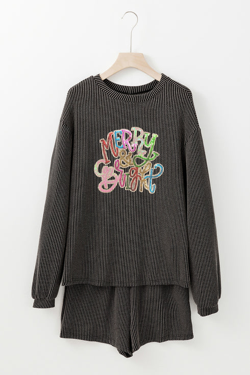 Carbon Grey Twisted Ribbed Merry & Bright Sequin Graphic Long Sleeve Top 2pcs Short Set