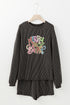 Carbon Grey Twisted Ribbed Merry & Bright Sequin Graphic Long Sleeve Top 2pcs Short Set