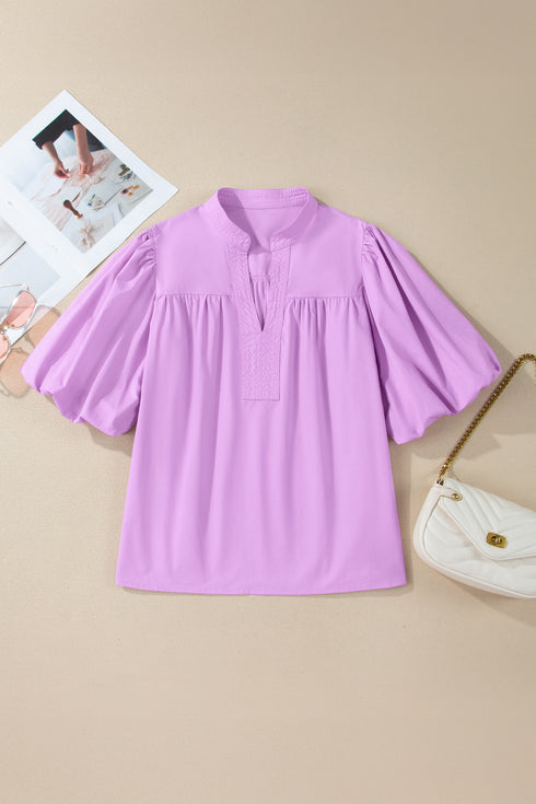 Phalaenopsis Stitched Detail V Neck Puffy Half Sleeve Blouse