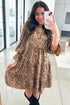 Khaki Leopard Print V Neck Ruffled Sleeve Tiered Loose Mini Dress