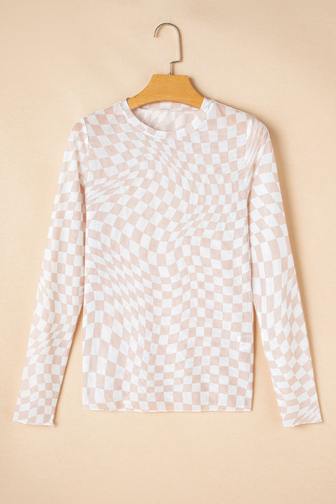 Khaki Checkered Pattern Mesh Mock Neck Long Sleeve Top