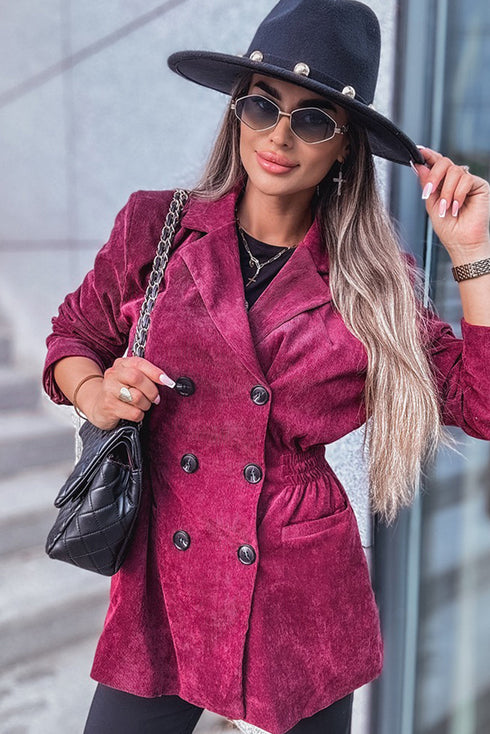 Pitaya Pink Corduroy Double Breasted Smocked Waist Blazer