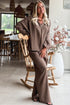 Dark Brown Braided V Neck Long Sleeve Loose Top and Drawstring High Waist Pants 2pcs Outfit