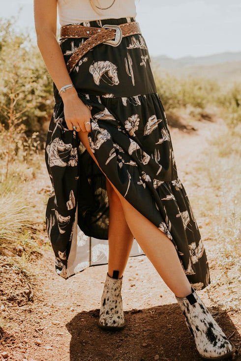 black-western-print-tiered-ruffled-high-waist-maxi-skirt