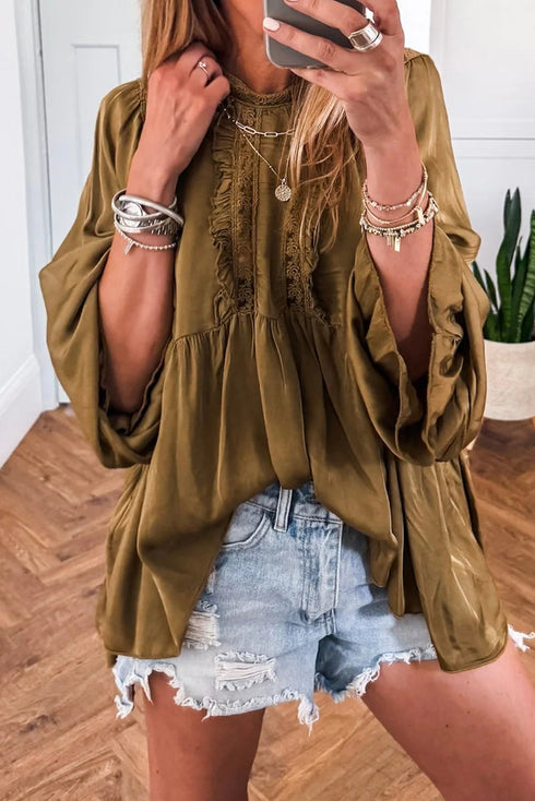 Jungle Green Silky Round Neck Lace Frilled Detail Long Sleeve Blouse