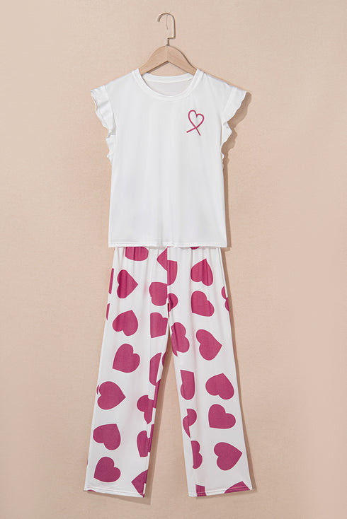 Pink Ruffled Tank Top And Heart Print Pants Lounge Set