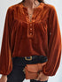 Gold Flame Lantern Sleeve Beaded Split V Neck Velvet Top