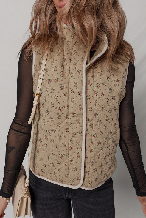 Khaki Floral Print Quilted Concealed Button Vest