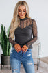 Dark Grey Textured Knit Lace Patchwork Sheer Long Sleeve Top