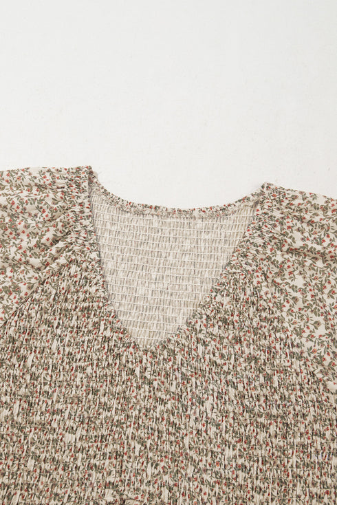 Floral Print Puff Sleeve Smocked Top