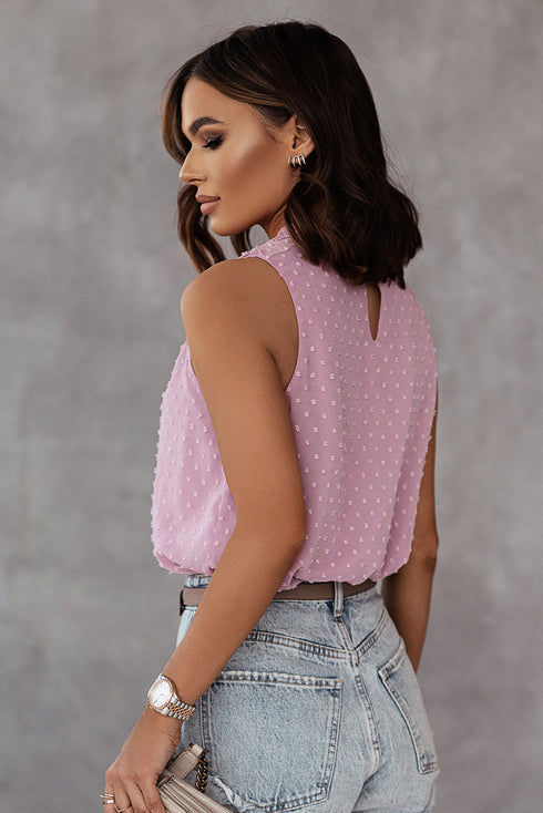 Pink Swiss Dot Sleeveless Ruffle Tank