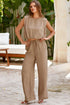 Pale Khaki Solid Color Keyhole Puffy Tank Drawstring Loose Pants 2pcs Outfit