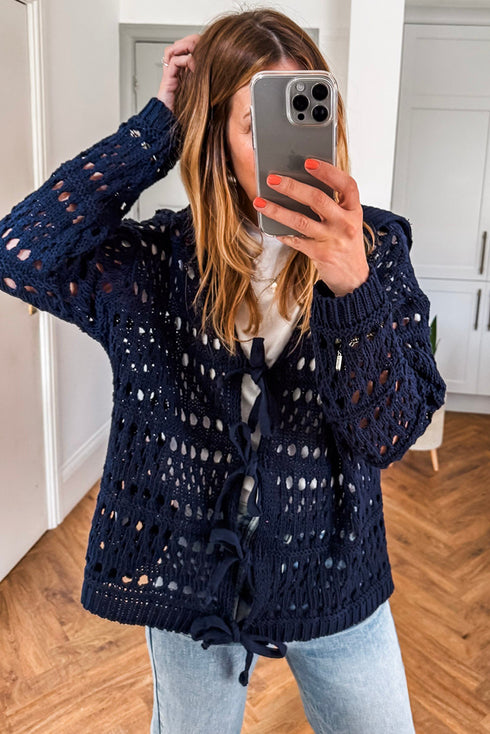 Navy Blue Crochet Tie Front Cardigan