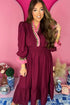 Burgundy Contrast Frilled Trim V Neck 3/4 Ruffled Sleeve Flowy Midi Dress