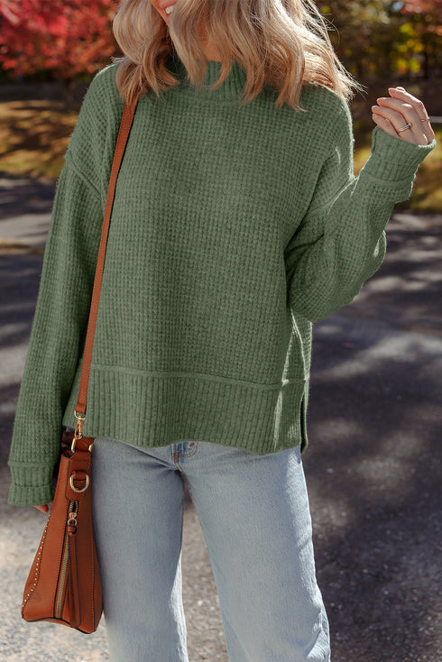 Mist Green Waffle Texture Knit Ribbed High Neck Drop Shoulder Sweater