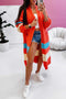 Orange Color Block Side Pockets Open Front Long Cardigan