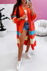 Orange Color Block Side Pockets Open Front Long Cardigan