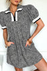 Black Leopard Print Contrast Striped Trim Polo Collar Short Sleeve Dress with Pockets