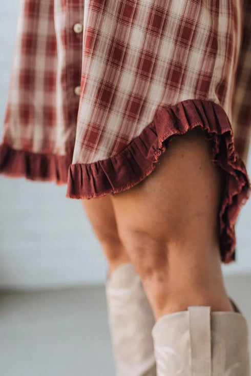 Red Plaid Print Ruffled Long Sleeve Patchwork Hem Mini Shirt Dress