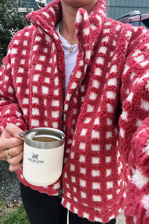 Red Plush Plaid Zip Up Cozy Winter Coat