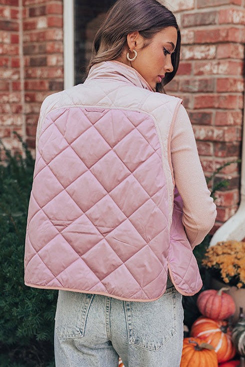 Light Pink Color Contrast High Neck Snap Button Quilted Vest