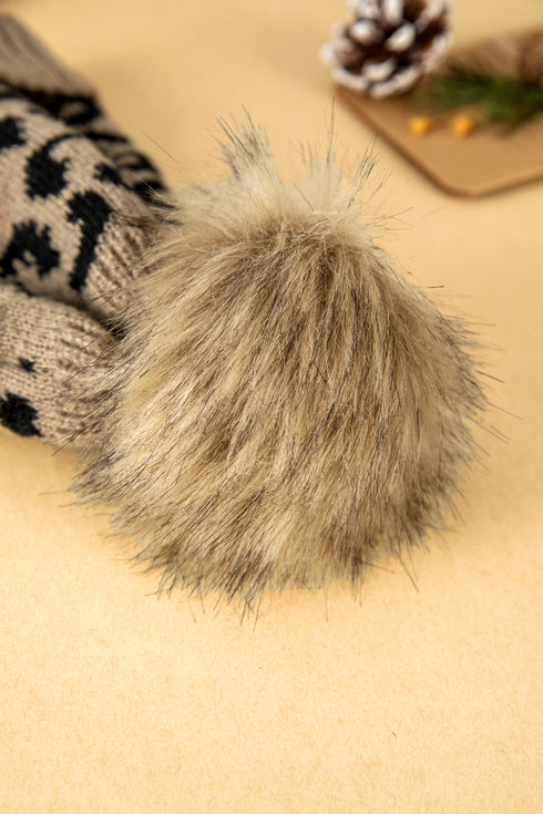 Light French Beige Faux Fur Pompom Leopard Knit Beanie
