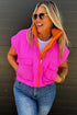 Bright Pink Color Block Liner Patchwork Snap Button Zip Up Winter Vest