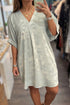 Meadow Mist Green Metallic V Neck Cuffed Short Sleeve Loose Mini Dress