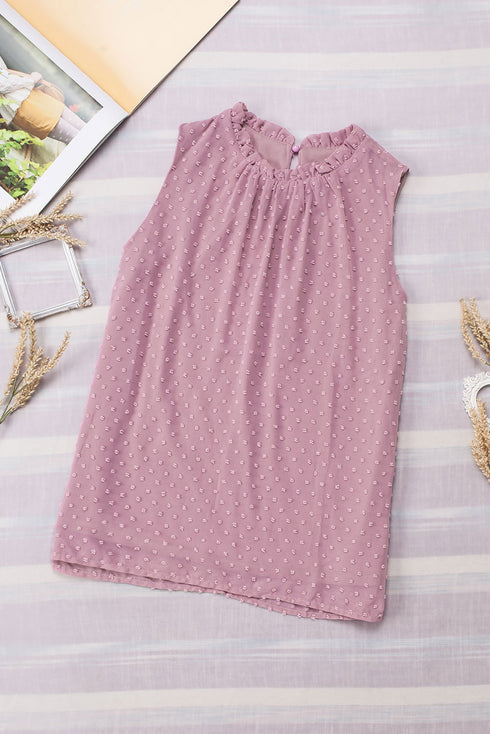 Pink Swiss Dot Sleeveless Ruffle Tank