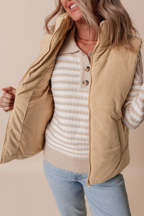 Light French Beige Corduroy Stand Neck Zipped Puffer Vest