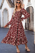 Red Floral Print Long Sleeve Square Neck Smocked Maxi Dress