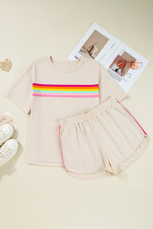 Beige Vibrant Striped Detail Athleisure 2pcs Short Set