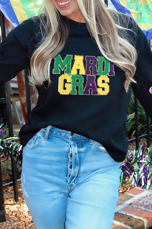 Black Chenille MARDI GRAS Sequin Fleur-de-lis Long Sleeve Top