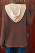 Coffee Waffle Contrast Half Buttoned Hooded Pullover Top
