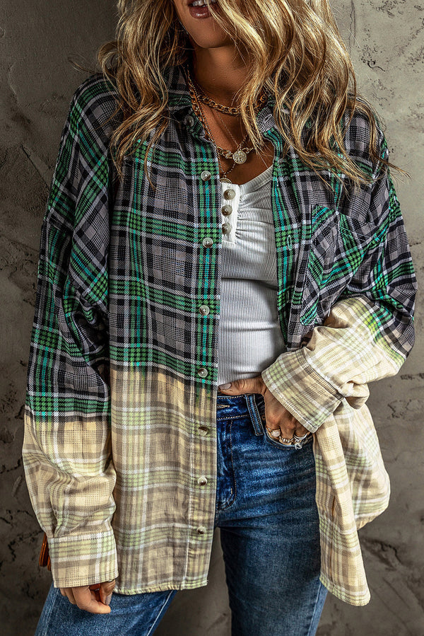 blackish-green-contrast-plaid-patchwork-chest-pocket-button-up-shacket