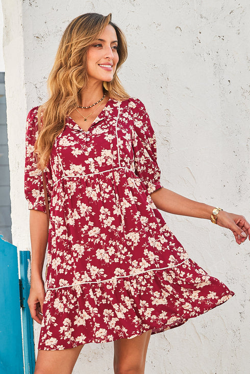 Red Floral Print Contrast Trim Button Tie Neck Swing Dress