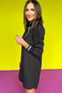 Black Striped Trim V Neck Collared Long Sleeve Shift Mini Dress