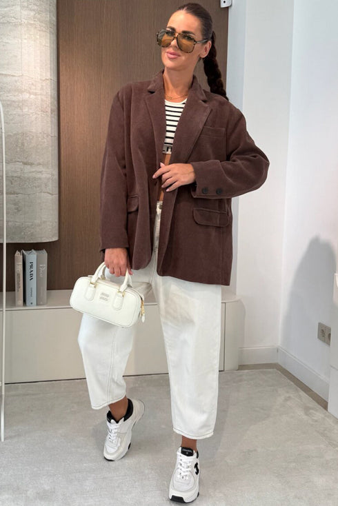 Dark Brown Solid Color Lapel Collar Winter Corduroy Blazer