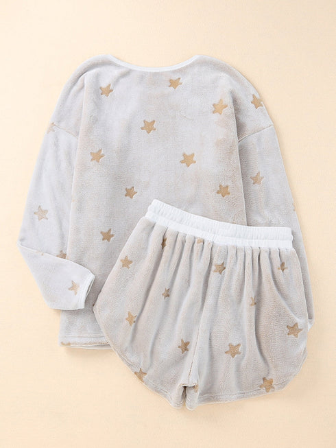 white-plush-star-pattern-long-sleeve-pullover-and-shorts-lounge-set
