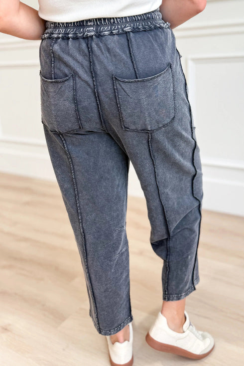 Dark Grey Mineral Wash Exposed Seam Drawstring Elastic Waist Loose Pants