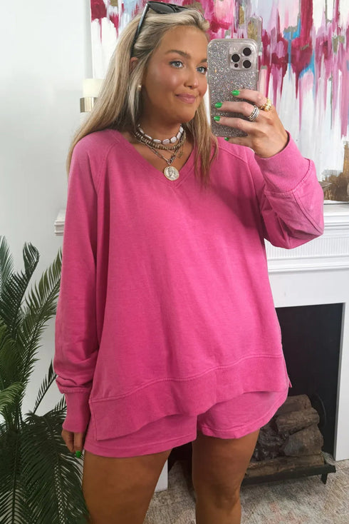 Strawberry Pink V Neck Long Sleeve Pullover Top Loose Shorts 2pcs Lounge Set