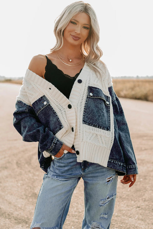 Beige Chunky Knit Denim Patchwork Cardigan Sweater