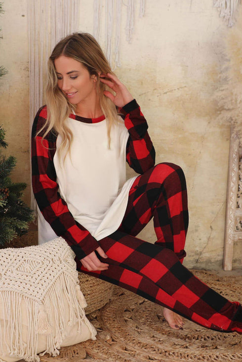 fiery-red-plaid-raglan-sleeves-top-and-drawstring-pants-lounge-set