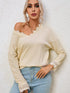 Apricot Ribbed Texture Lace Trim V Neck Long Sleeve Top