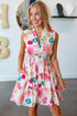 Pink Adorable Floral Print V Neck Zip Up Smocked Waist Flared Mini Dress