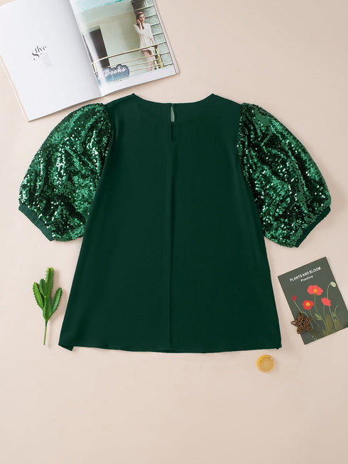 blackish-green-plus-size-sequin-short-puff-sleeve-top